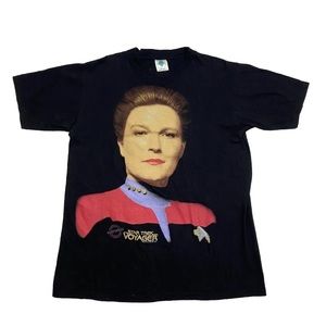 Vintage 90s Captain Kathyrn Janeway Star Trek Voyager T-Shirt Sz L Single Stitch